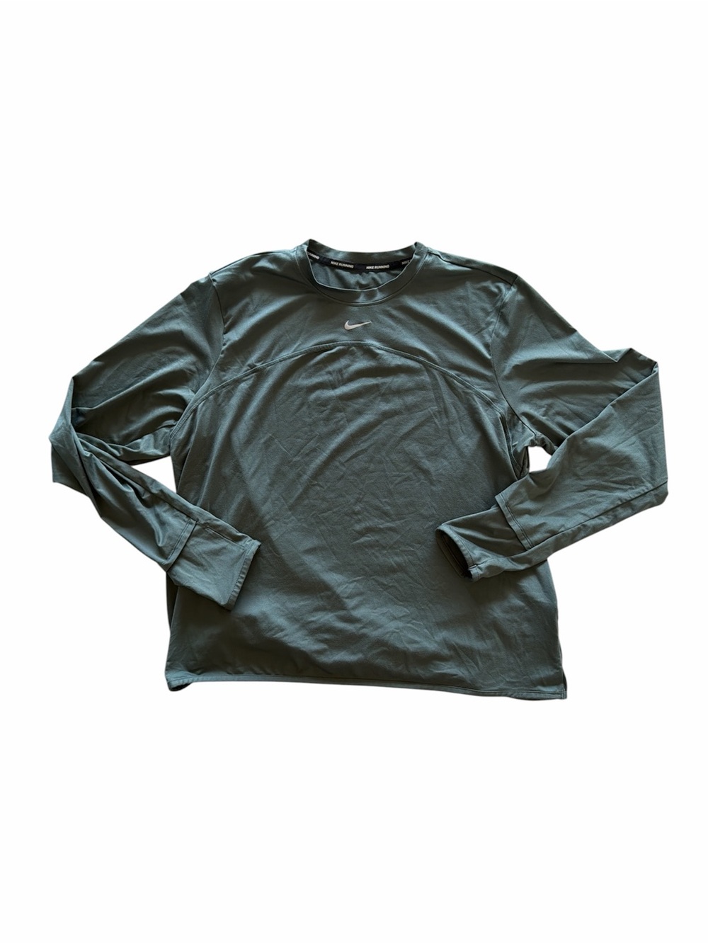 Nike Center Logo Running Dri-FIT Long Sleeve Shirt Army Green Thumbhole Men’s XL